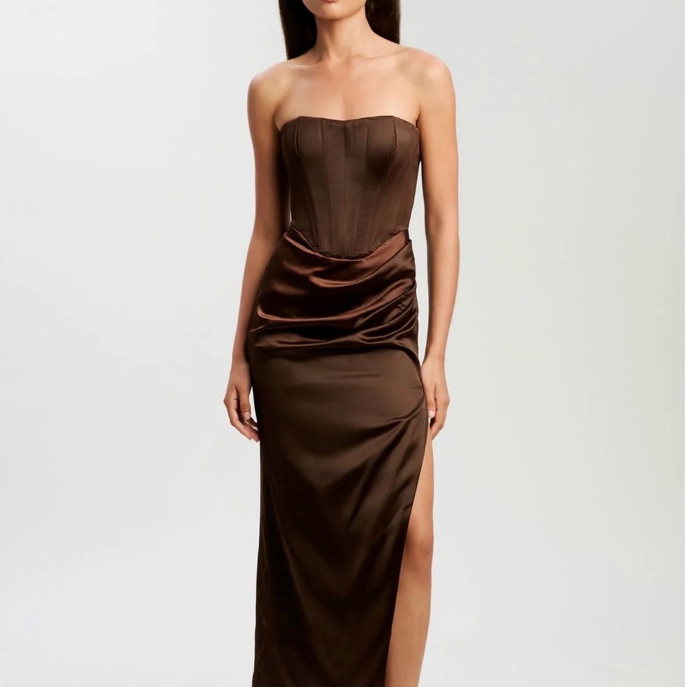 Bardot Strapless Satin Corset Gown in Chocolate Brown